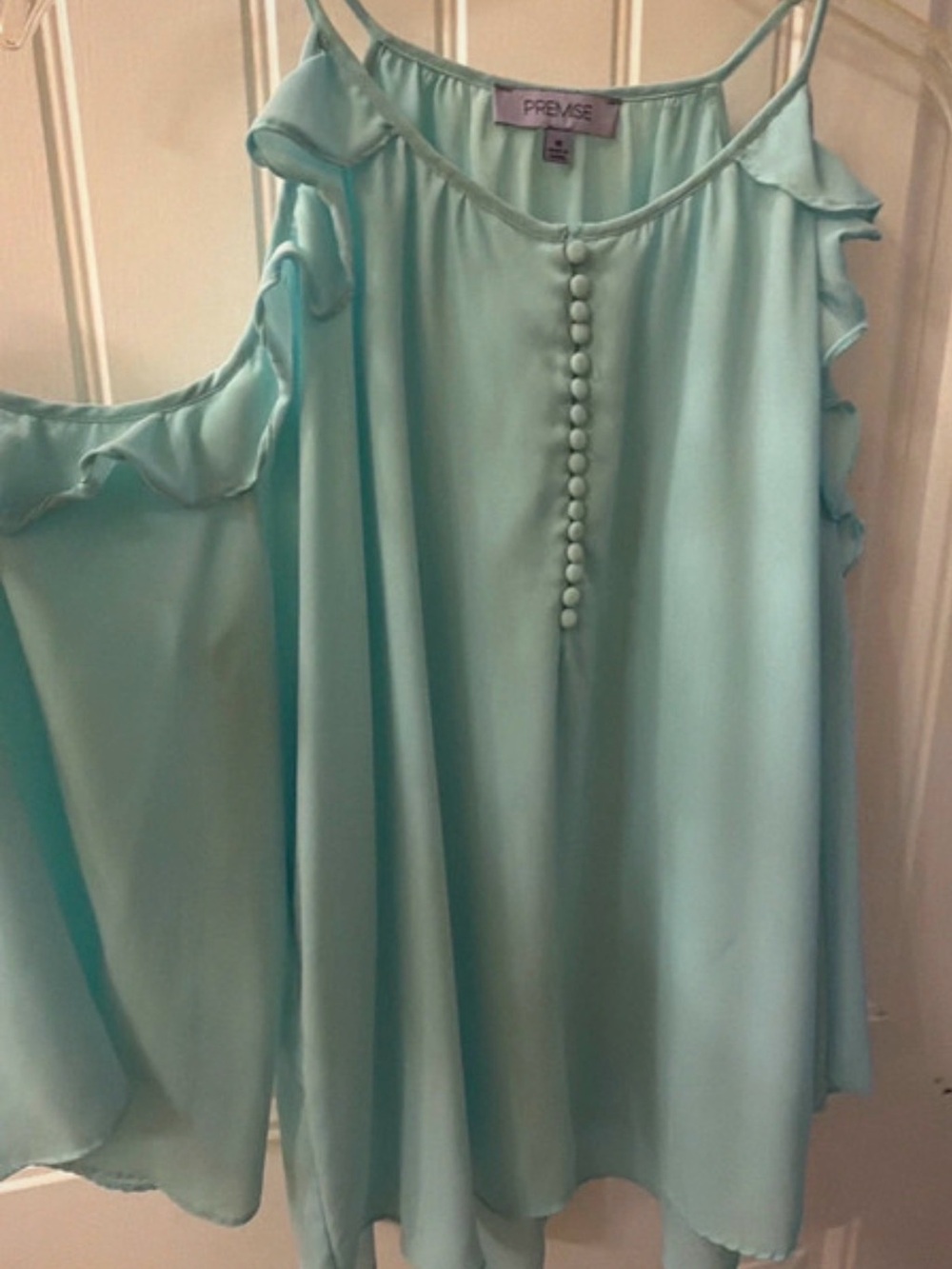 Premise Mint Cold-Shoulder Ruffle Button-Front Blouse